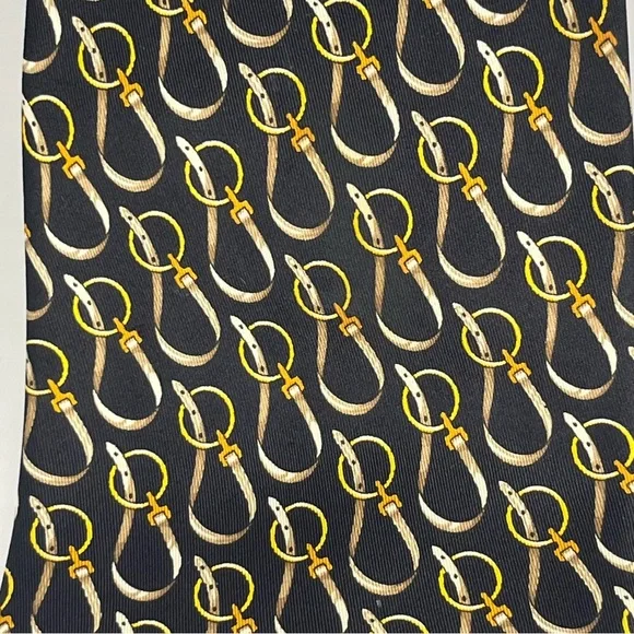 Gucci Men’s Silk Neck Tie‎ Black with Gold Equestrian Buckles Luxury Formal